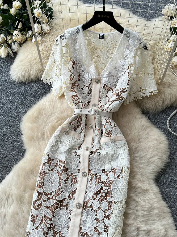 Classy Vintage Flower Lace Dress Office Lady Hollow Out Sashes Short Sleeve Bodycon French Senior Straight Long Dress