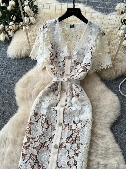 Classy Vintage Flower Lace Dress Office Lady Hollow Out Sashes Short Sleeve Bodycon French Senior Straight Long Dress