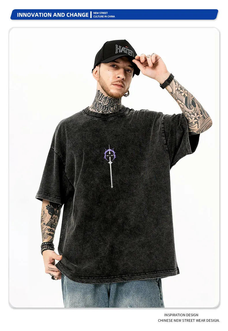 Anime B-Bleach T-Shirt Oversized Vintage Washed Zaraki Kenpachi T-Shirts Retro Harajuku Ichigo Rukia Tops Tees Man 100% Cotton