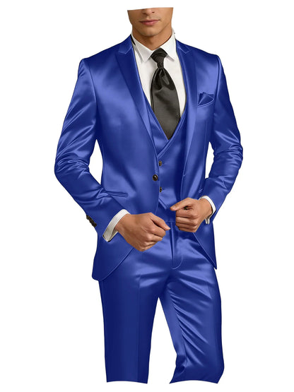Luxury Men's Satin Suit 3 Piece Set Notch Lapel Slim Fit 1 Button Blazer Vest Pants for Formal Groom Groomsmen Prom Party