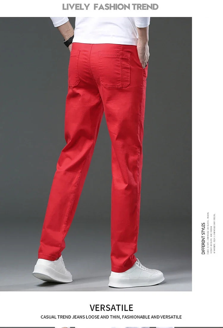 Spring and Autumn Men's Multi-Pocket Design Jeans Fashionable and Versatile White Khaki Red Comfortable Stretch Denim Pants