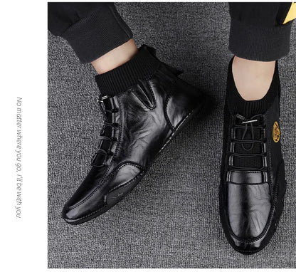 Men's Wear-resistant Boots Casual Classic Genuine Leather Handmade Shoes Ankle Round Toe Lace Up Walking Business Boot