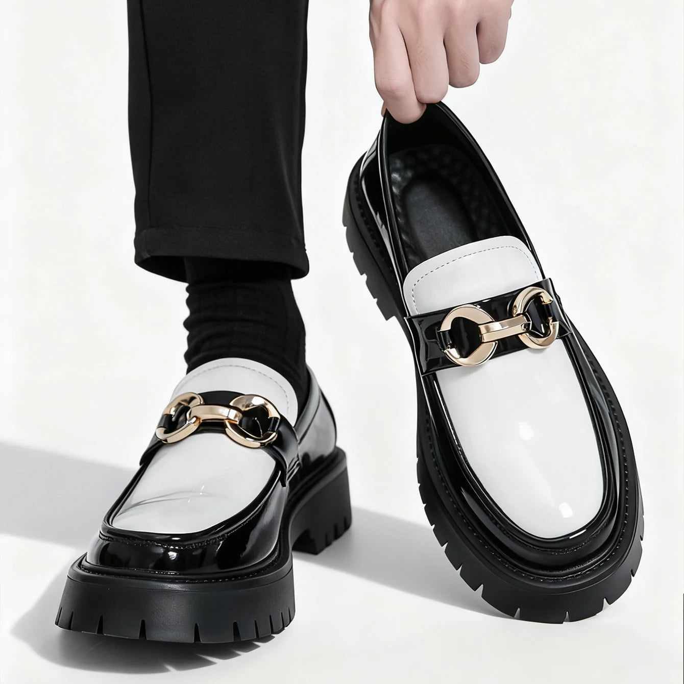 Classic Fashion Thick Sole Men's Penny Loafers Slip-On Business Dress Shoes for Gentleman Metal Buckle Formal Party Glossy Shoes