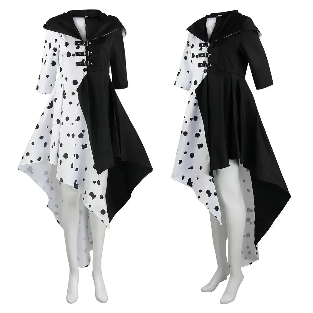 Anime Cruella cosplay costume dress set with gloves cloak Halloween carnival set adult female Cruella De Vil costume
