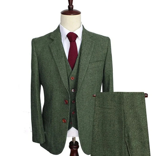 Men Suit 3 Pieces Army Green Tweed Formal Lapel Notch Regular Wedding Groom Banquet Work Tuxedos Set Jacket Vest With Pants