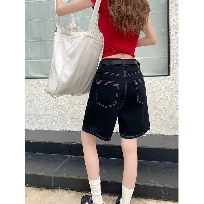 High-Waisted Straight-Leg Jeans Shorts for Women Summer New Style Slimming Black Five-Point Loose Wide-Leg Mid-Length Y2K Shorts