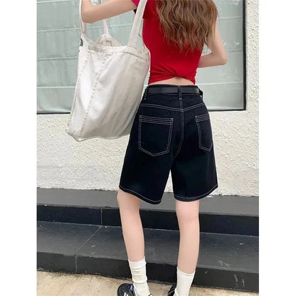 High-Waisted Straight-Leg Jeans Shorts for Women Summer New Style Slimming Black Five-Point Loose Wide-Leg Mid-Length Y2K Shorts