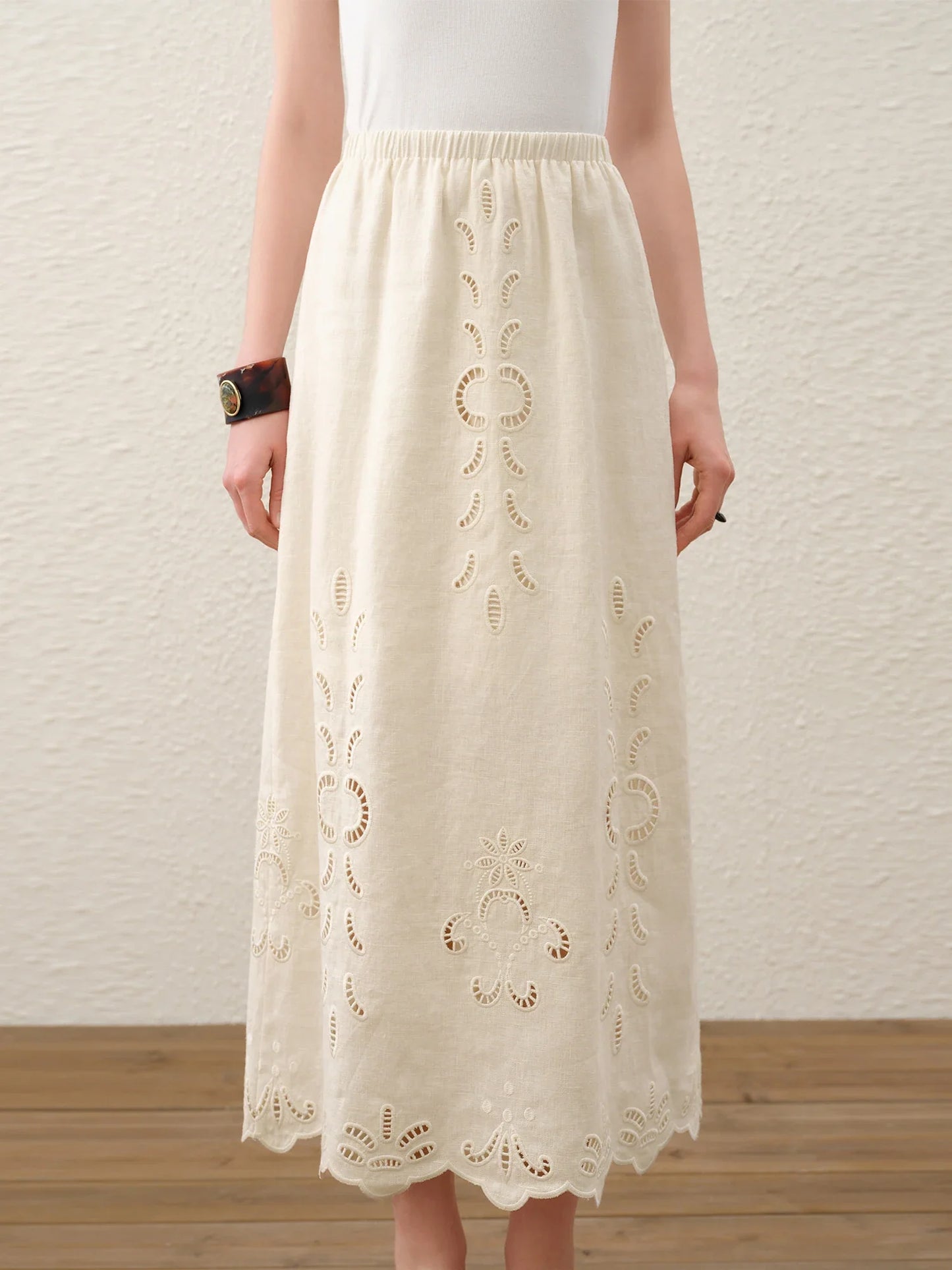 Summer Women Linen Two Piece Set Cut-Out Embroidered Sleeveless Top Midi Skirt Boho Beach Vacation Style