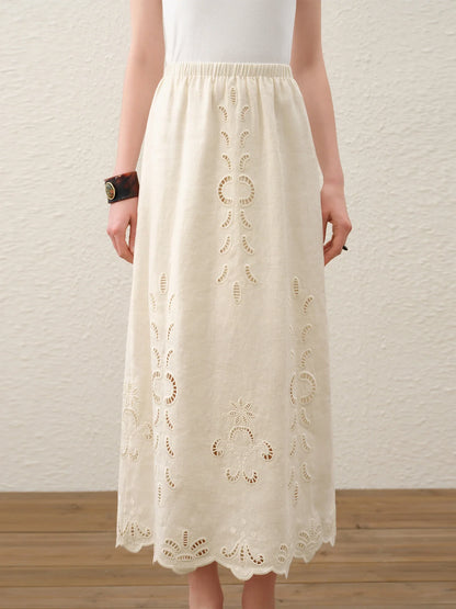 Summer Women Linen Two Piece Set Cut-Out Embroidered Sleeveless Top Midi Skirt Boho Beach Vacation Style
