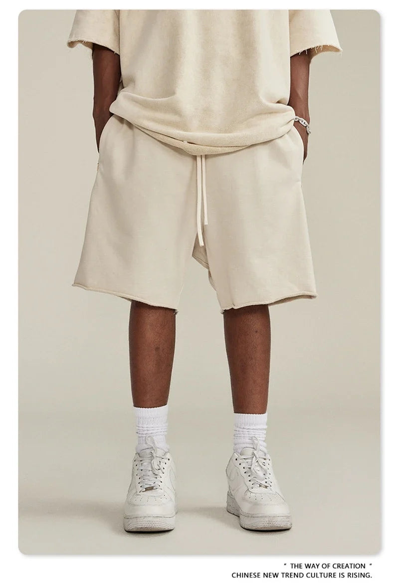 New Summer Men Retro Washed Shorts Unisex Drawstring Loose Edge 420gsm Solid Knee Length Cotton Pants Streetwears HY0589