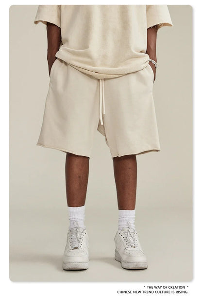 New Summer Men Retro Washed Shorts Unisex Drawstring Loose Edge 420gsm Solid Knee Length Cotton Pants Streetwears HY0589