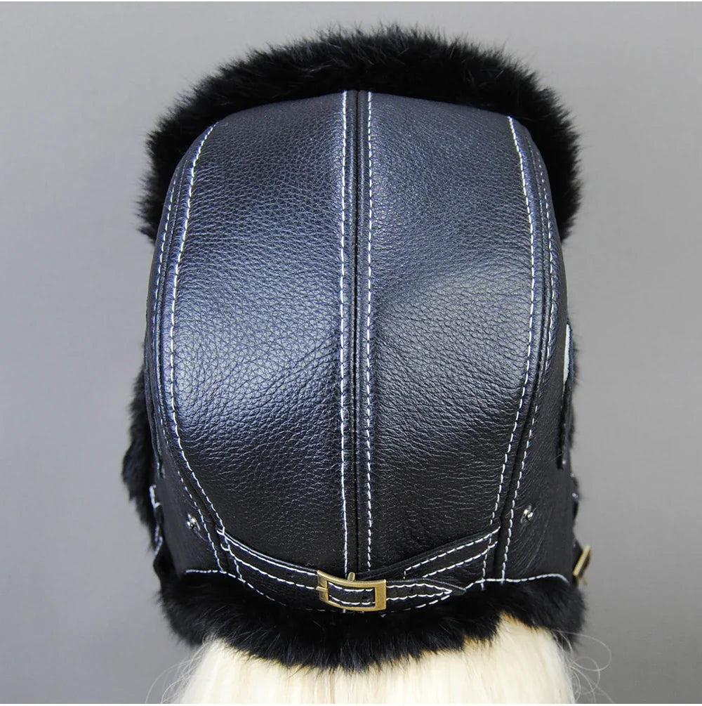 Hot Sale Winter Women's 100% Real Rabbit Fur Bomber Hat Ushanka Cap Trapper Russian Woman Ski Hats Caps Real Sheepskin Leather