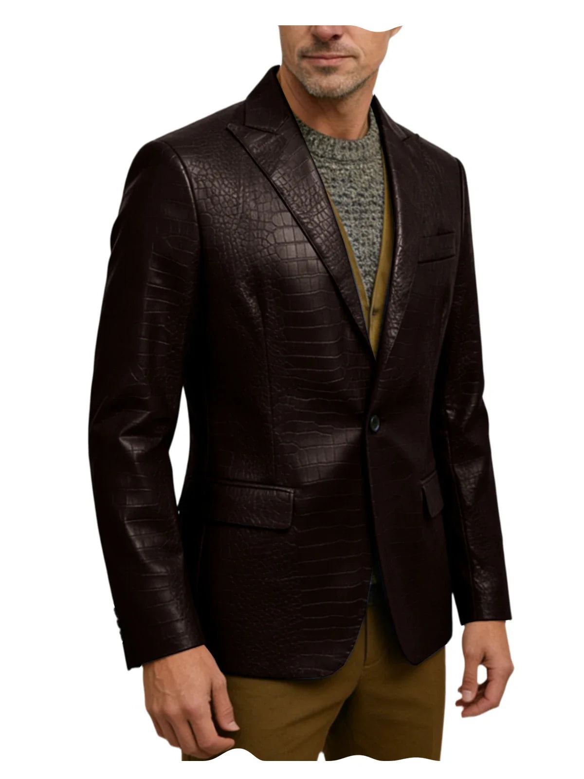 Vintage Men's Crocodile Embossed Leather Blazer Notch Lapel 1 Button Jacket Business Casual Formal Luxury Coat With Flap Pockets