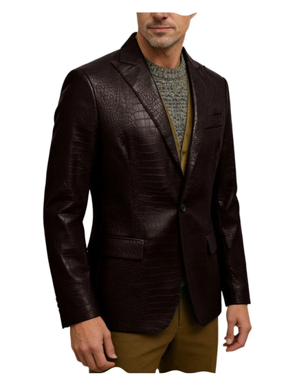 Vintage Men's Crocodile Embossed Leather Blazer Notch Lapel 1 Button Jacket Business Casual Formal Luxury Coat With Flap Pockets