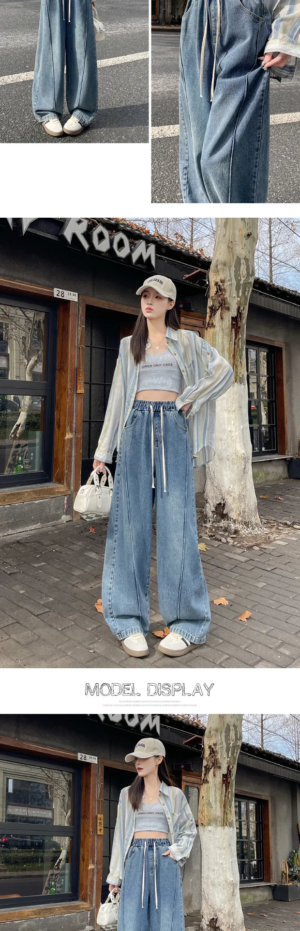 High Waist Wide Leg Jeans Women's Loose Fit Dstring Elastic Waist Long Trousers Blue Denim Spring Season Faion plus Size