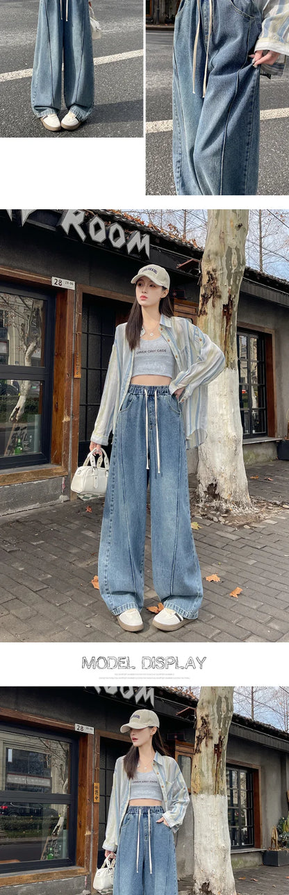 High Waist Wide Leg Jeans Women's Loose Fit Dstring Elastic Waist Long Trousers Blue Denim Spring Season Faion plus Size
