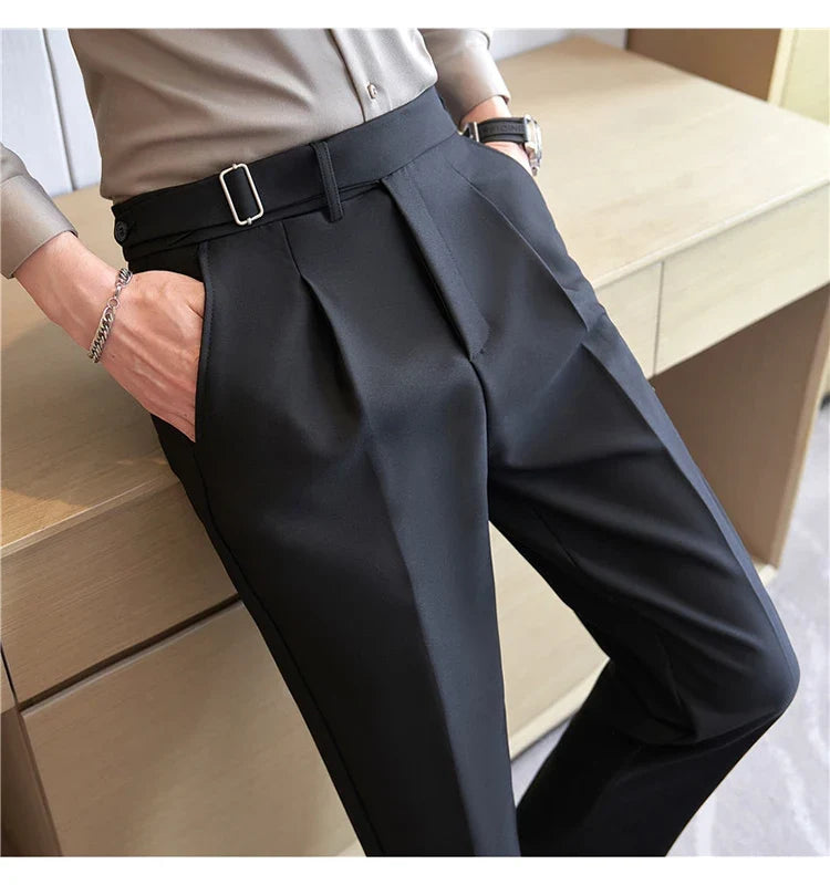 2026 Texture Naples Men's Solid Color Casual Pants Fashion Belt Design Slim Fit Suit Pants Formal Wear Wedding Social Trousers