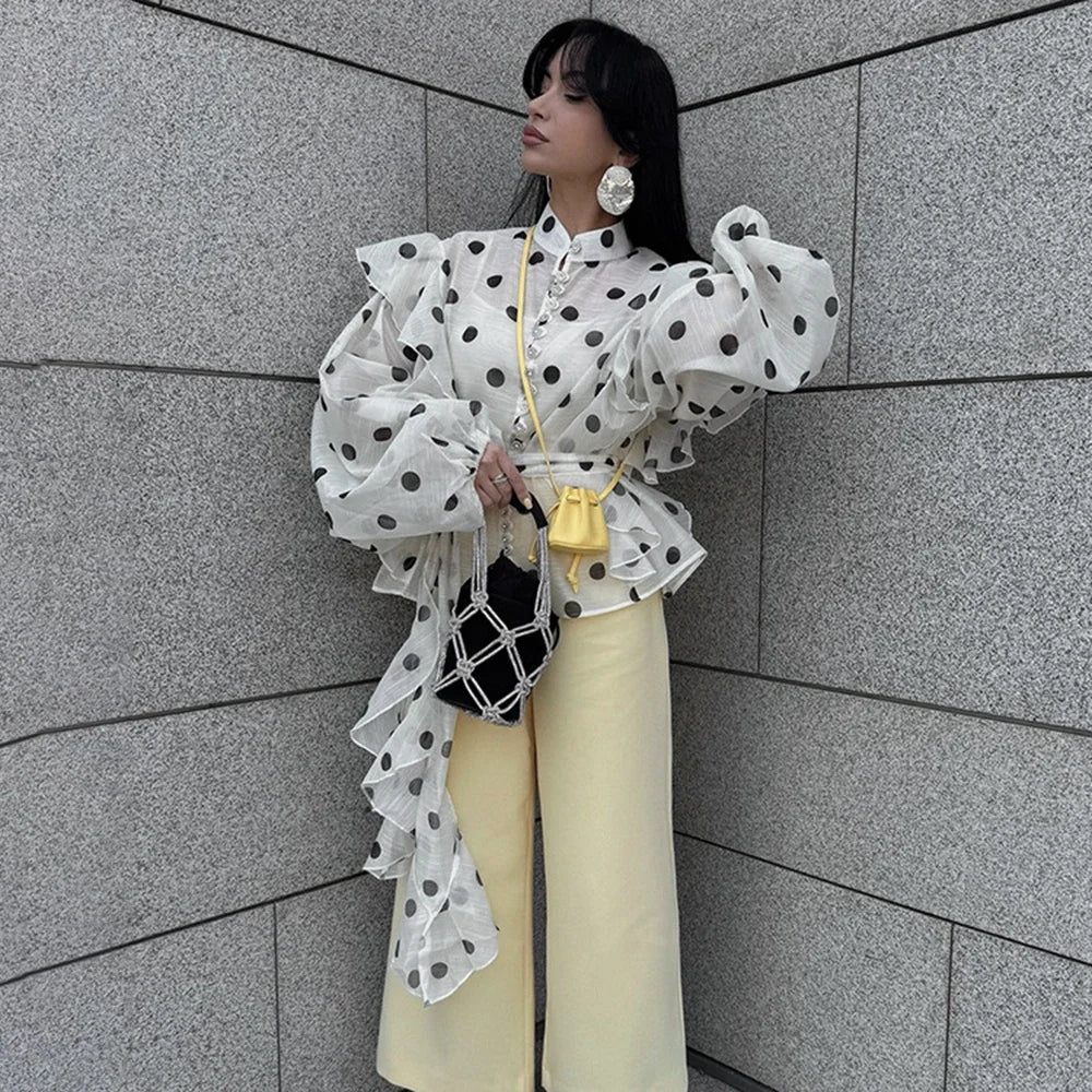 Ticketsx Polka Dot Ruffled Shirts Fashion Contrast Lace Up See Through Button Blouse Top Elegant Party High Street Women Shirt