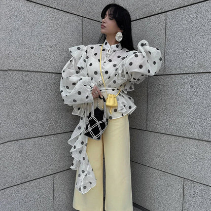 Ticketsx Polka Dot Ruffled Shirts Fashion Contrast Lace Up See Through Button Blouse Top Elegant Party High Street Women Shirt