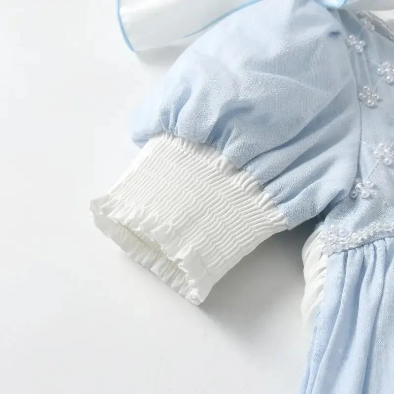 Baby Girl Princess Cotton Bow Pearl Dress Infant Toddler Child Ruffled Spanish Blue Vestido Birthday Party Baby Clothes 18M-7Y