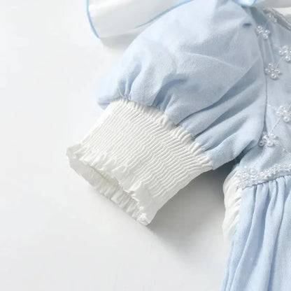 Baby Girl Princess Cotton Bow Pearl Dress Infant Toddler Child Ruffled Spanish Blue Vestido Birthday Party Baby Clothes 18M-7Y