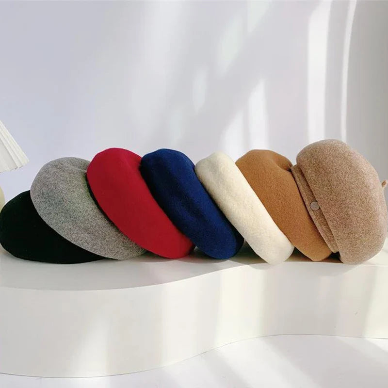 Women French Art Retro Wool Felt Autumn Solid Colors Warm Winter Beanie Hat Beret Cap For Female