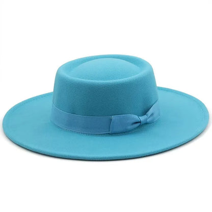 9.5cm Brim Round Top Hat Solid Color Fedoras Bow Flat Top Boater Style Panama Hats for Women Men Party Wedding Church Felt Caps