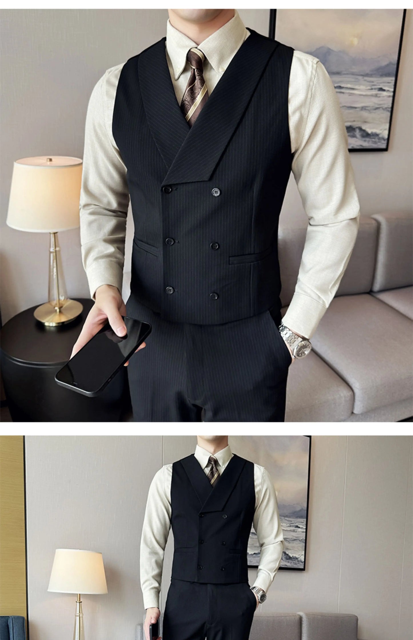 ( Vest + Pants) Double Breasted Stripe Suit Vest With Pants New Men Fashion Slim Business Casual Wedding Dress Vest 2 Pcs Sets