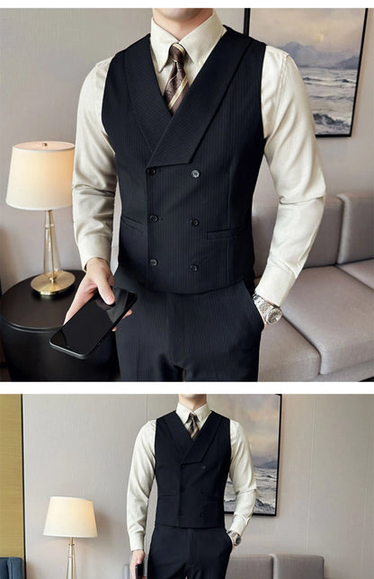 ( Vest + Pants) Double Breasted Stripe Suit Vest With Pants New Men Fashion Slim Business Casual Wedding Dress Vest 2 Pcs Sets