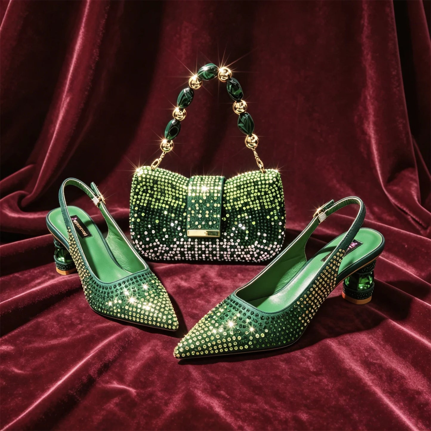 Emerald Green Rhinestone Heels & Bag Set Crystal Slingback Pumps with Matching Handbag for Wedding Party