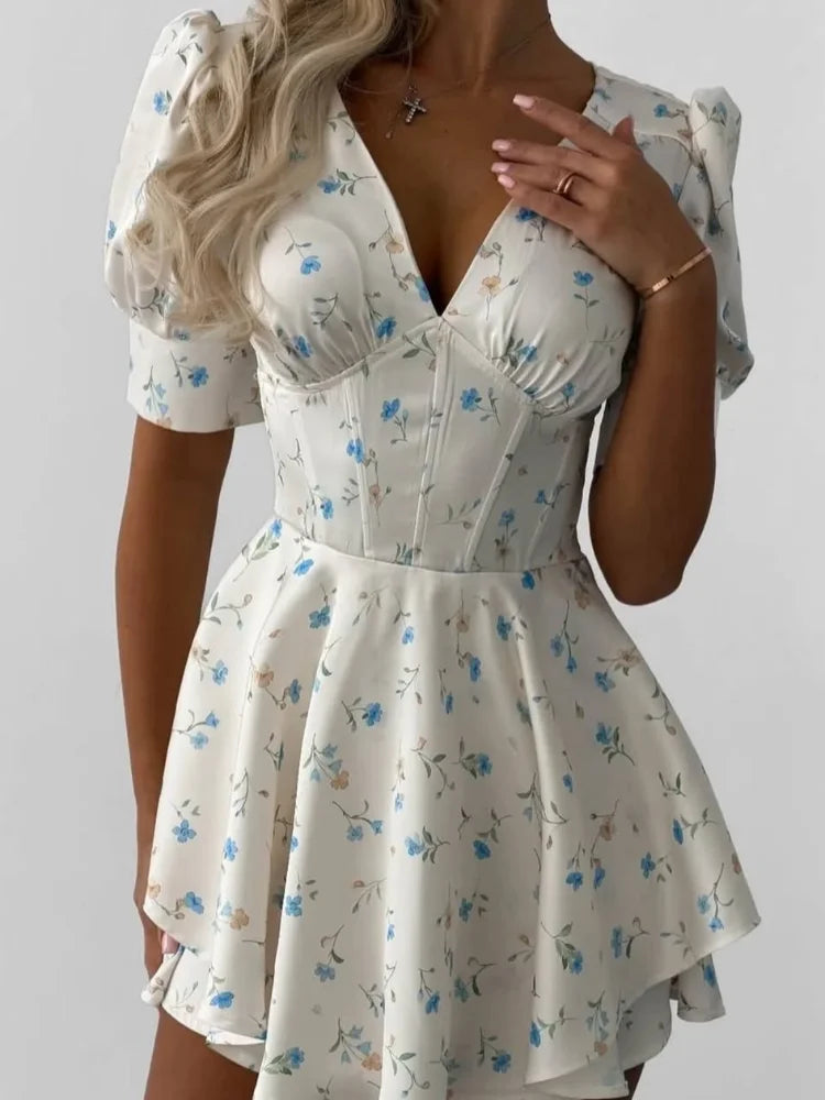 Women Floral Print Mini Dress V-neck Balloon Sleeve Keyhole Detail Tiered Ruffle Hem Dresses 2026 New Summer Holiday Party Gowns
