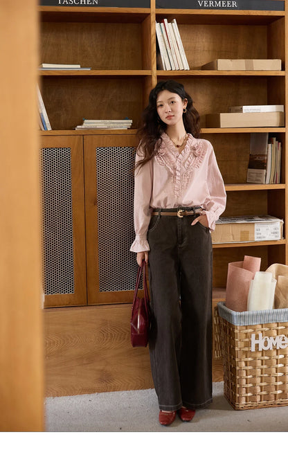 Hand Sewn Rose Blouse for Women Autumn 2025 V-neck  Edible Tree Fungus Edge Tops Sweet Lantern Sleeves Blouses MXE44X2470