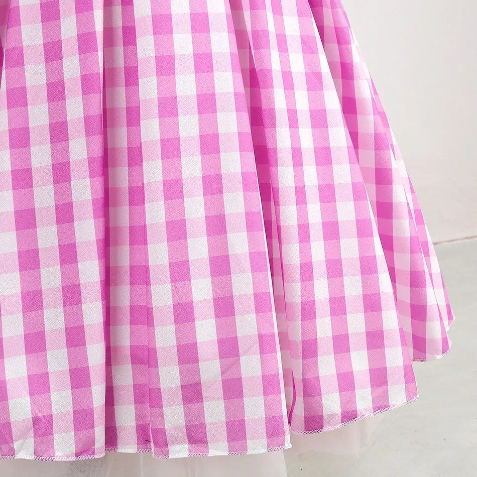 2025 Summer Beach Baby Girl Pink Cute Sleeveless Plaid Slim Strap Dress For Girl Cowboy Look Stripe Dress Set With Belt