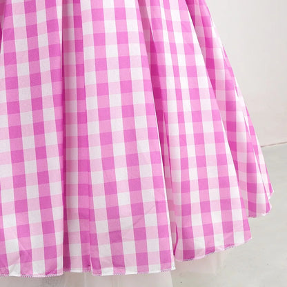 2025 Summer Beach Baby Girl Pink Cute Sleeveless Plaid Slim Strap Dress For Girl Cowboy Look Stripe Dress Set With Belt
