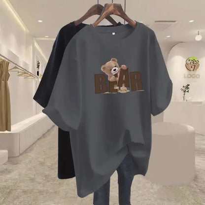 Summer Chic Letter Printing Bear T-shirt Women O-neck Short Sleeve Cotton Basic Top Tee Casual Loose Oversized Pullover 45-105Kg