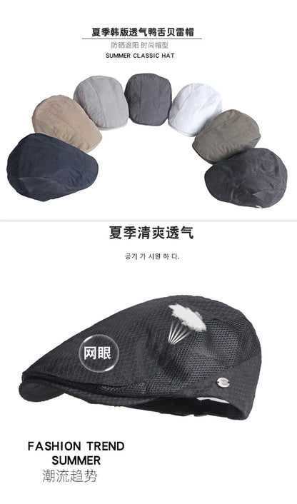 Men Women Breathable Mesh Summer Hat Newsboy Beret Ivy Cap Cabbie Flat Cap Adjustable Vintage Style
