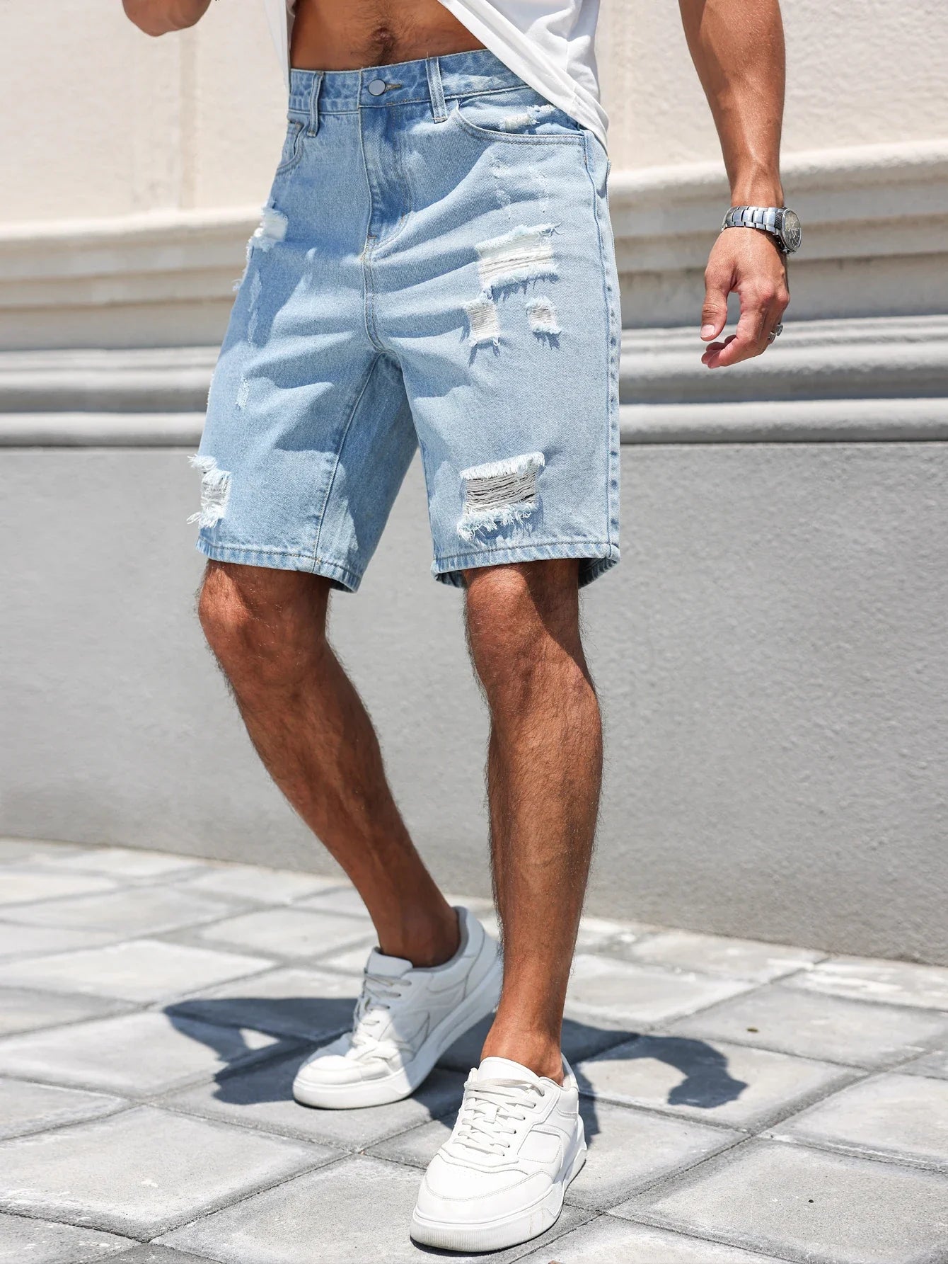Hole-washed Water Buffalo Denim Short Pants - Men's Trendy Loose Straight Five-Piece Casual Shorts - Summer New Style