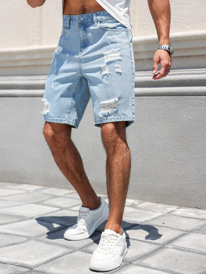 Hole-washed Water Buffalo Denim Short Pants - Men's Trendy Loose Straight Five-Piece Casual Shorts - Summer New Style