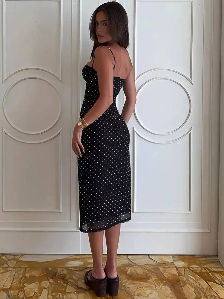 Polka Dot Spaghetti Strap Sexy Midi Dress Women Elegant Off-shoulder Backless Sleeveless Bodycon Club Party Dress