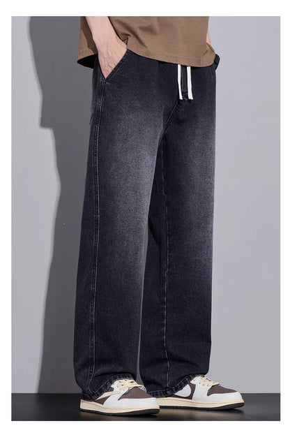 Men's Clothing Wide-leg Pants Baggy Jeans Streetwear Straight Fashion Denim Trousers Y2k Vintage Washed Elastic Waist Man Pants