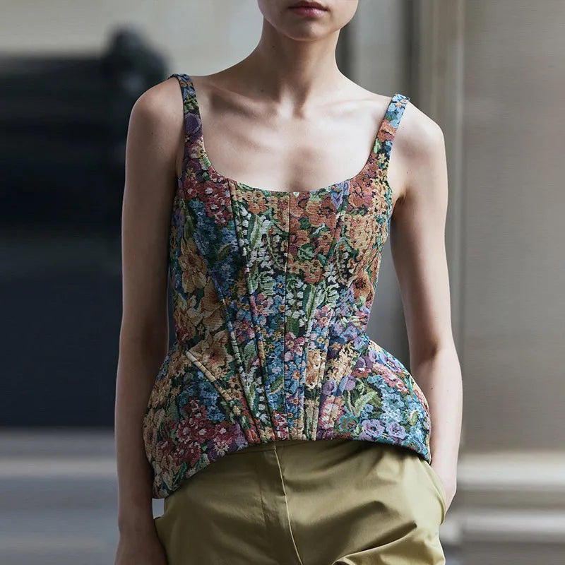 Sexy Print Sling Fishbone Corsets Women Backless Zipper Sleeveless Slim Tops Female 2026 Summer New Chic Evening Party Tanks