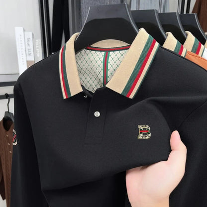 Luxury advanced  brand men long sleeve polo shirt unique stripe color blocked lapel fashion letter embroidery casual new T-shirt