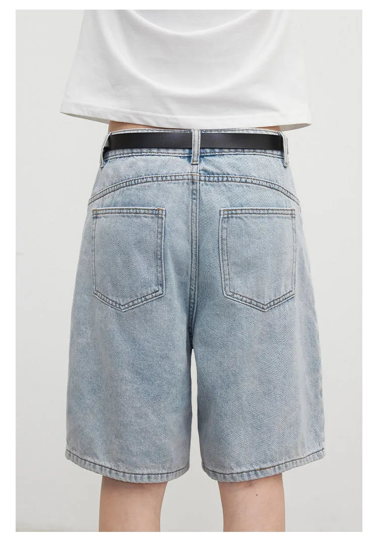 Fashion Women Shorts Mid-length Blue New Dividing Line Design Retro Washed Cotton Straight Leg Short Jeans Summer 2026