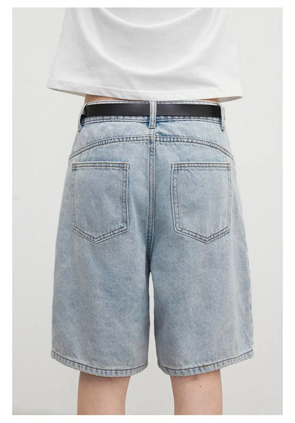 Fashion Women Shorts Mid-length Blue New Dividing Line Design Retro Washed Cotton Straight Leg Short Jeans Summer 2026