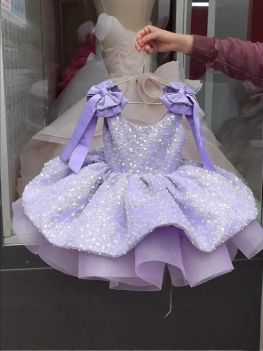 Sparkly Flower Girl Dress, Big Bow & Heart Tulle Ballet Skirt, Princess Gown for Wedding, Birthday Party, First Communion & Ball
