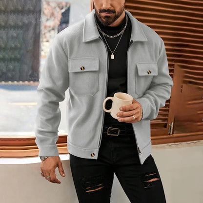 Men's Polyester Brushed Jacket, Lapel Button/Zipper Coat with Pocket, Comfortable Casual Autumn Winter Office Business Wear