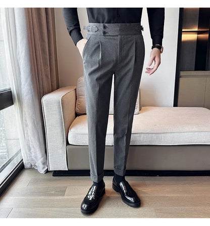 Autumn Winter High Waist Business Dress Pants Men Casual Belt Design Slim Suit Pants Formal Wedding Social Party Male Trousers