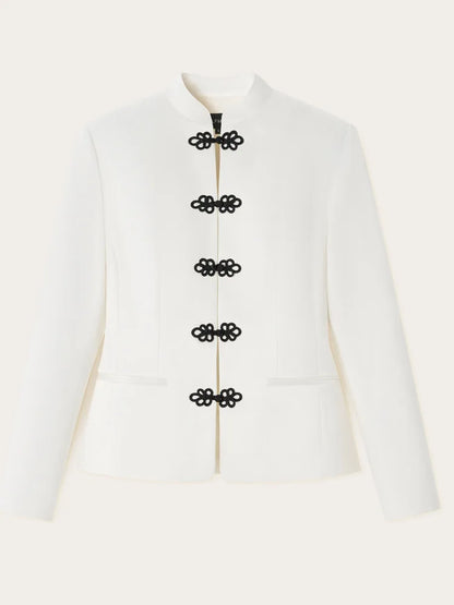Women's Spring Summer Satin Mandarin Collar Knot Button Blazer Chic Formal Casual Wear 2026 Trendy Feminine Fashion Coat