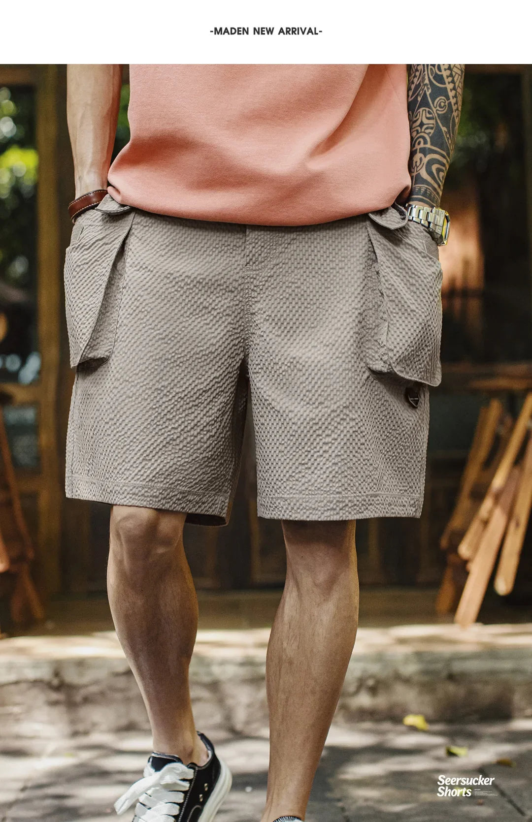Men's Lightweight Seersucker Five Inch Shorts American Retro Mountain Style Techwear Thin Casual Summer Men Bottoms