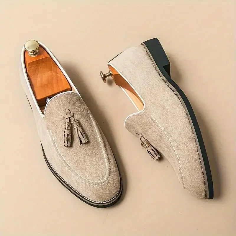 New Fashion Tassel Leather Men Shoes Slip On Loafers Round Toe Patchwork Suede Dress Shoes Man Daily Wedding Party Shoes for Man